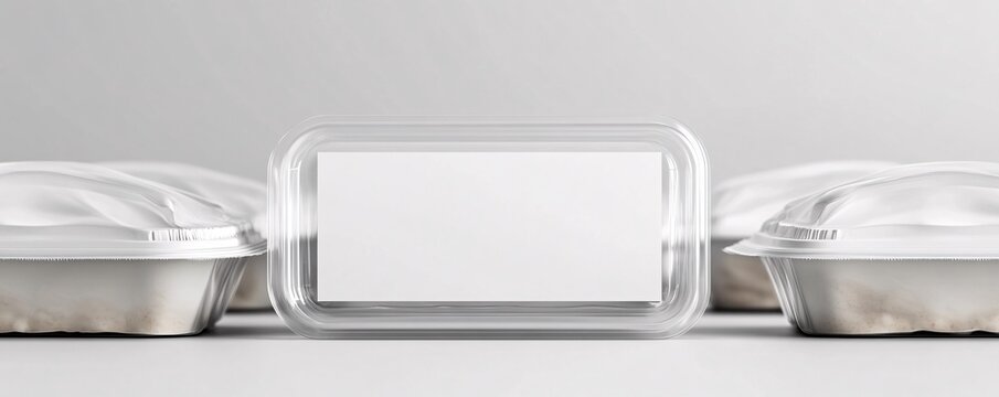 Aluminum foil food container with transparent lid displaying empty label