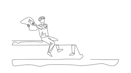 Poster - Animation of a single one line drawing 2 adult men sitting on large log underneath a pool holding pillows. Contest. The wet one is the loser. International Pillow Fight Day. Full length motion
