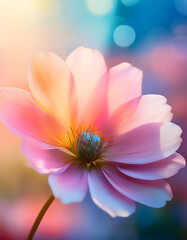 Poster - A vibrant flower with soft pink and white petals, set against a colorful, blurred background, creating a dreamy atmosphere