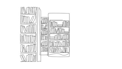 Poster - Self drawing animation of single continuous line drawing bookcases lined up to create a corridor. The layout of the library makes it easy for visitors. National Library Day. Full length animated
