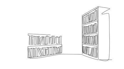 Poster - Animated self drawing of single one line drawing two bookcases facing each other. One of the decoration corners in the library. Reading corner. Knowledge. National Library Day. Full length animation