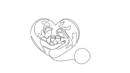 Poster - self drawing animation of single one line drawing heart-shaped globe and in middle there is a silhou