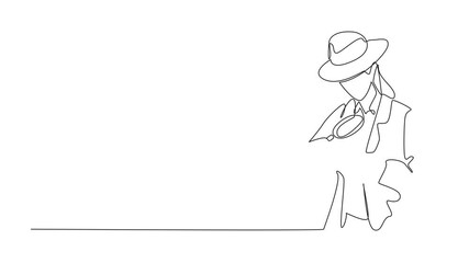 Poster - animation of single continuous line drawing a young woman looks at a rock in one of her hands using 