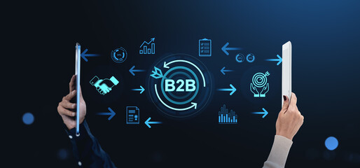 Poster - Business-to-business digital interaction concept with data exchange icons on dark.