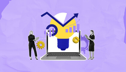 Poster - Businesswomen analyzing graphs and ideas on laptop with light bu