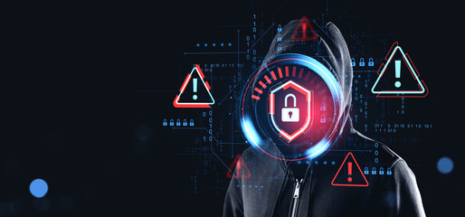 Poster - cybersecurity threat concept with hacker and digital padlock warning symbol.