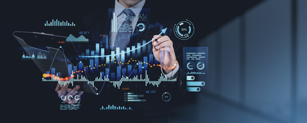 Poster - Businessman analyzing financial data with futuristic digital interface.
