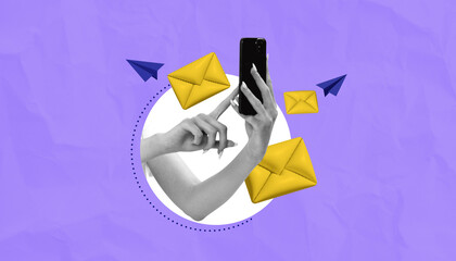 Poster - Hands holding smartphone with flying envelopes on purple background concept.