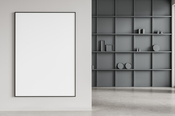 Poster - Modern interior with blank poster on light wall and dark shelving unit in background. 3D Rendering