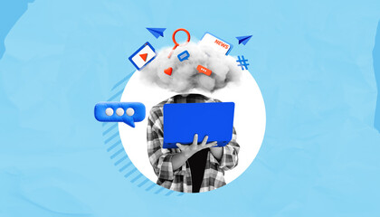 Poster - person with cloud as head using laptop, surrounded by digital icons.