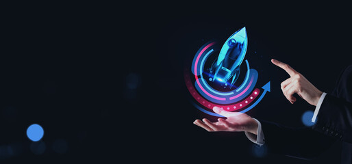 Poster - Businessman launching startup rocket with futuristic digital interface.