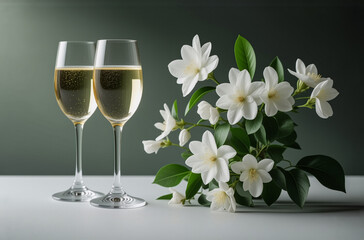 Poster - Two champagne flutes filled with bubbly drink are placed next to a bunch of white flowers with green leaves on a white table against a dark green backdrop.