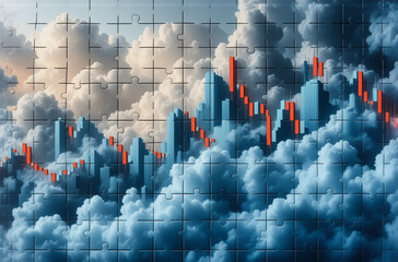 Aufkleber - Cloud puzzle with red graph lines overlay, representing financial data trends, with a cloudy sky backdrop.