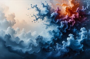 Aufkleber - Abstract swirling design with vibrant orange, pink, and blue hues. Cloud-like forms create a dynamic and colorful composition.