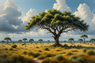 Aufkleber - Vast savanna scenery featuring a large tree in the foreground with smaller trees receding into the distance under a bright cloudy sky.