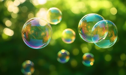 Poster - Colorful soap bubbles floating in sunlight with blurred green background