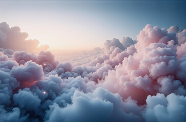 Aufkleber - Aerial view of fluffy clouds at sunset, with soft pink and orange hues casting a warm glow over the sky. Ethereal and peaceful atmosphere.