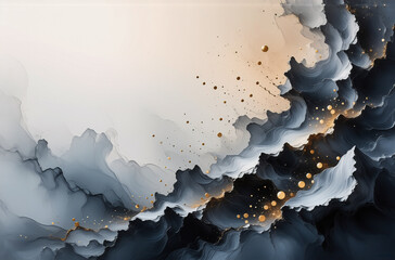 Poster - Elegant abstract art with flowing gray and gold forms on a light backdrop. Swirling shapes create a cloud-like, smoky effect with a luxurious and decorative touch.