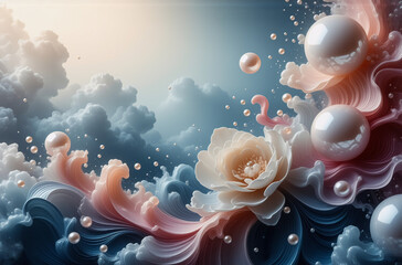 Poster - Ethereal floral scene featuring pearls and soft, wave-like clouds. Gentle light and pastel hues create a serene and elegant atmosphere.