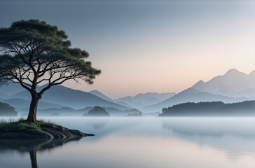 Poster - A calm landscape features a lone tree by a misty lake reflecting mountains at sunrise. Serene atmosphere with soft light over the water and hills.