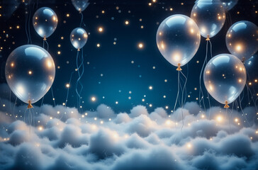 Aufkleber - Silver balloons ascend beyond soft clouds against a deep blue, starlit expanse.  A dreamy and ethereal atmosphere with gentle illumination creates a magical scene.