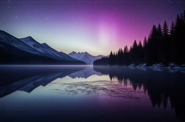 Poster - Calm lake reflects mountains and dark forest silhouette under a vibrant aurora borealis in the night sky. A serene and peaceful nature scene.