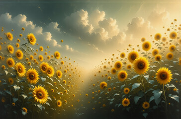 Poster - A vast field of vibrant sunflowers basks under a soft, cloudy sky.  Golden sunlight gently illuminates the blooming flowers in a peaceful, natural scene.