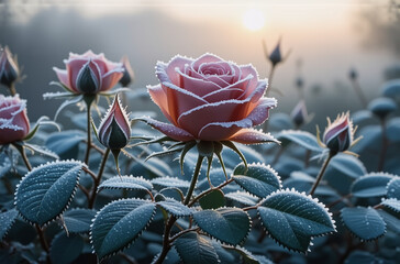 Poster - Frost-kissed pink roses stand elegantly in a tranquil garden at sunrise. Delicate ice crystals adorn petals and leaves, creating a serene and beautiful wintery landscape.