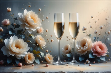 Poster - Champagne glasses gleam amidst delicate roses, creating a romantic and celebratory scene with soft lighting and floral elegance.