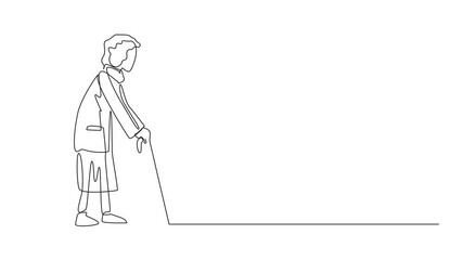 Poster - Animated self drawing of single continuous line drawing grandma walks with a cane and trembles. It is hard to walk. Suffering. Damage or death of nerve cells in the brain. Full length animation