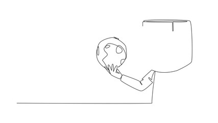 Poster - Self drawing animation of single one line drawing boy wearing cardboard helmet holding miniature moon. Aspire as high as the moon. Become a spaceman. Cosmonaut. Cosmonautics Day. Full length animated