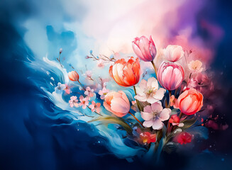 Poster - Watercolor bouquet of tulips and cherry blossoms with vibrant colors in a dreamy, artistic style. Floral and spring theme.