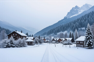 Poster - Snowy village nestled in a valley surrounded by tall mountains and evergreen forests. A tranquil winter landscape with snow-covered houses and trees under a cloudy sky.