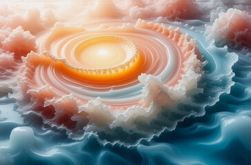 Fototapete - Abstract spiral form with a luminous orange core, layered with swirling white, peach, and blue hues, creating a dreamy, textured and ethereal scene.