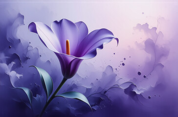 Poster - A single purple flower with green leaves is centered on a soft purple and white gradient backdrop, creating a dreamy and elegant floral image.