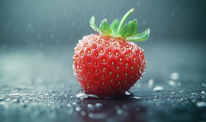 Poster - Fresh strawberry with water droplets on dark background, showcasing vibrant red color and texture