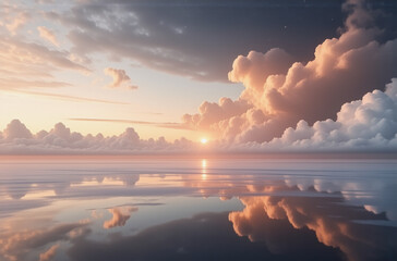 Poster - Serene sky meets calm water, reflecting soft pastel clouds at the horizon.  Tranquil and peaceful scene with gentle light, creating a dreamy and ethereal atmosphere.