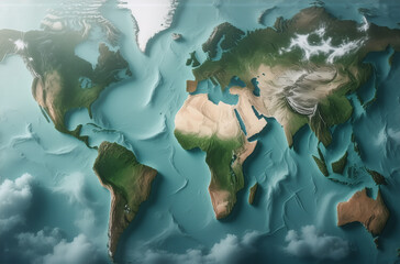 Aufkleber - A textured world map with continents in green and brown hues, surrounded by a blue ocean with wave-like patterns. Sunlight illuminates the top left corner, casting soft shadows across the terrain.