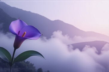 Poster - A vibrant purple flower blooms gracefully in the foreground, contrasting with the soft, misty mountains fading into a gentle, pastel sky.  Nature's beauty is captured in this serene landscape.