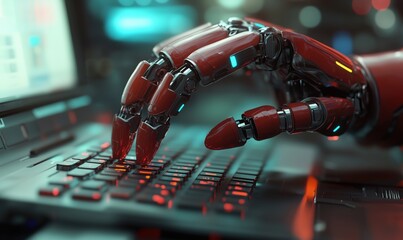 Poster - robotic hand typing on keyboard in futuristic digital environment