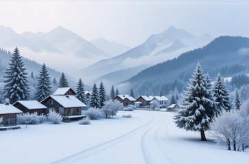 Poster - A serene winter landscape showcasing a snow-covered village nestled in a mountain valley, surrounded by frosted trees under a calm sky.