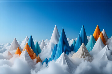 Poster - Cone mountains in white, blue, teal, and orange rise above the clouds under a blue sky. Origami style with a folded paper texture.