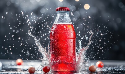 Poster - Refreshing red beverage bottle splashing water droplets in dynamic scene