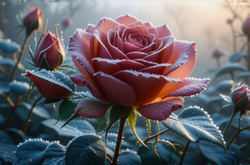 Poster - A frosted pink rose in soft morning light. Delicate ice crystals coat the petals and leaves in a serene garden setting with rose buds.