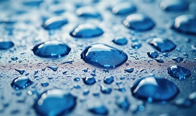 Poster - Close-up of water droplets on a blue surface showcasing texture and reflections