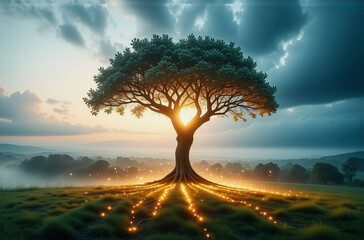 Poster - Majestic tree on a hill, bathed in golden light. Rays emanate from base, illuminating misty landscape under dramatic sky.