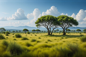 Poster - A scenic savanna landscape featuring green trees and yellow grass under a bright blue sky with puffy white clouds. Mountains are visible in the distance.