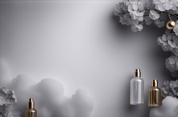 Poster - Elegant cosmetic bottles in gold and clear hues are arranged beside delicate white floral branches. A soft grey gradient backdrop enhances the minimalist aesthetic.