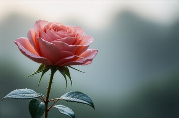 Aufkleber - A delicate pink rose with water droplets graces the frame, its soft petals and leaves highlighted by gentle lighting against a serene, blurred green backdrop.
