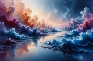 Poster - Surreal landscape featuring vibrant, colorful clouds reflected in calm water. Dreamy sky with hues of blue, orange, pink, and purple creates a peaceful vista.